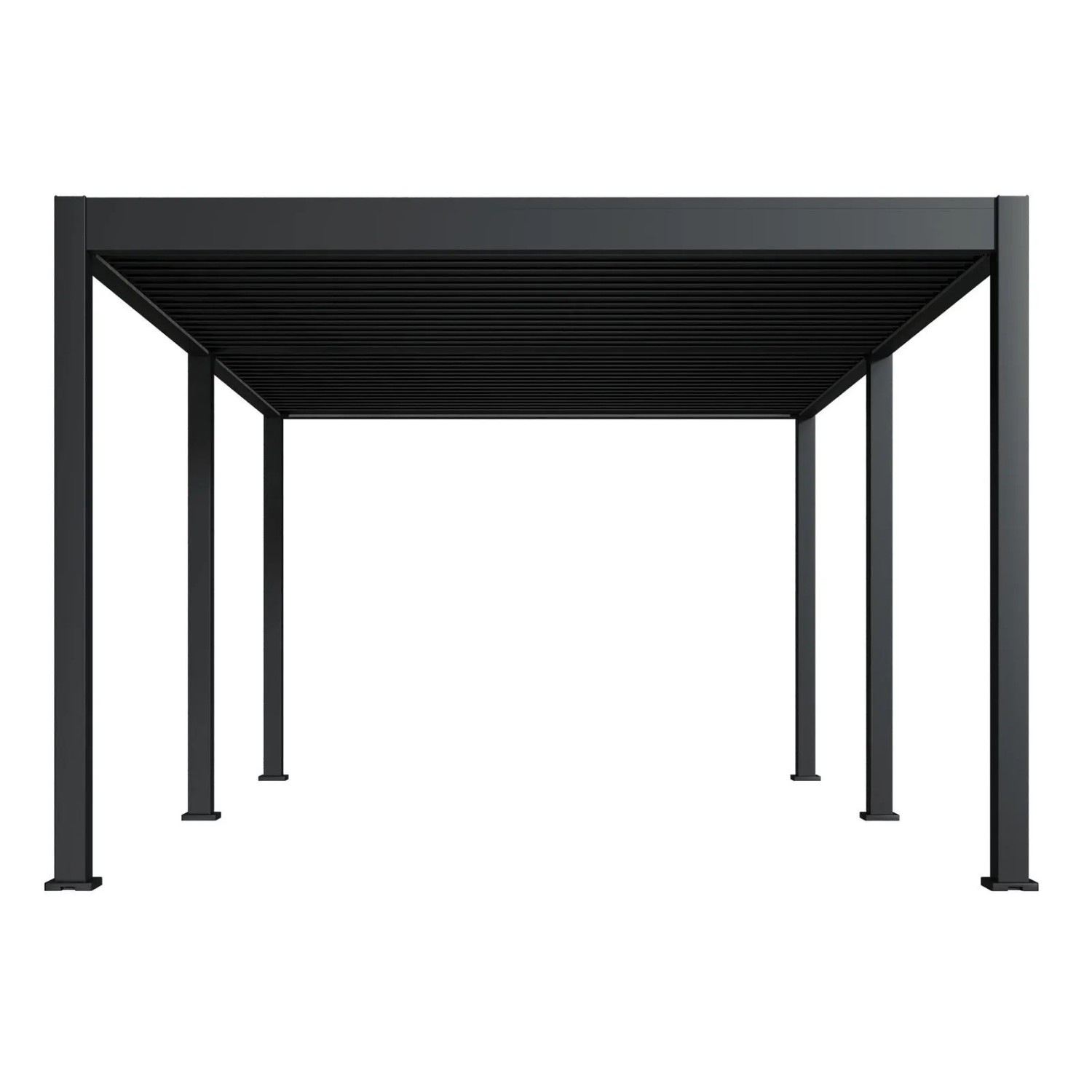 Anthrazitfarbener Weide Deluxe Alu Pavillon mit elektrischem Lamellendach. Robuste Terrassenüberdachung, 3,6x5,3 m.