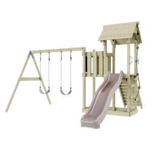 PolarPlay Kinderschaukel Uppsala mit Rutsche und Spielturm aus Holz, altrosa.