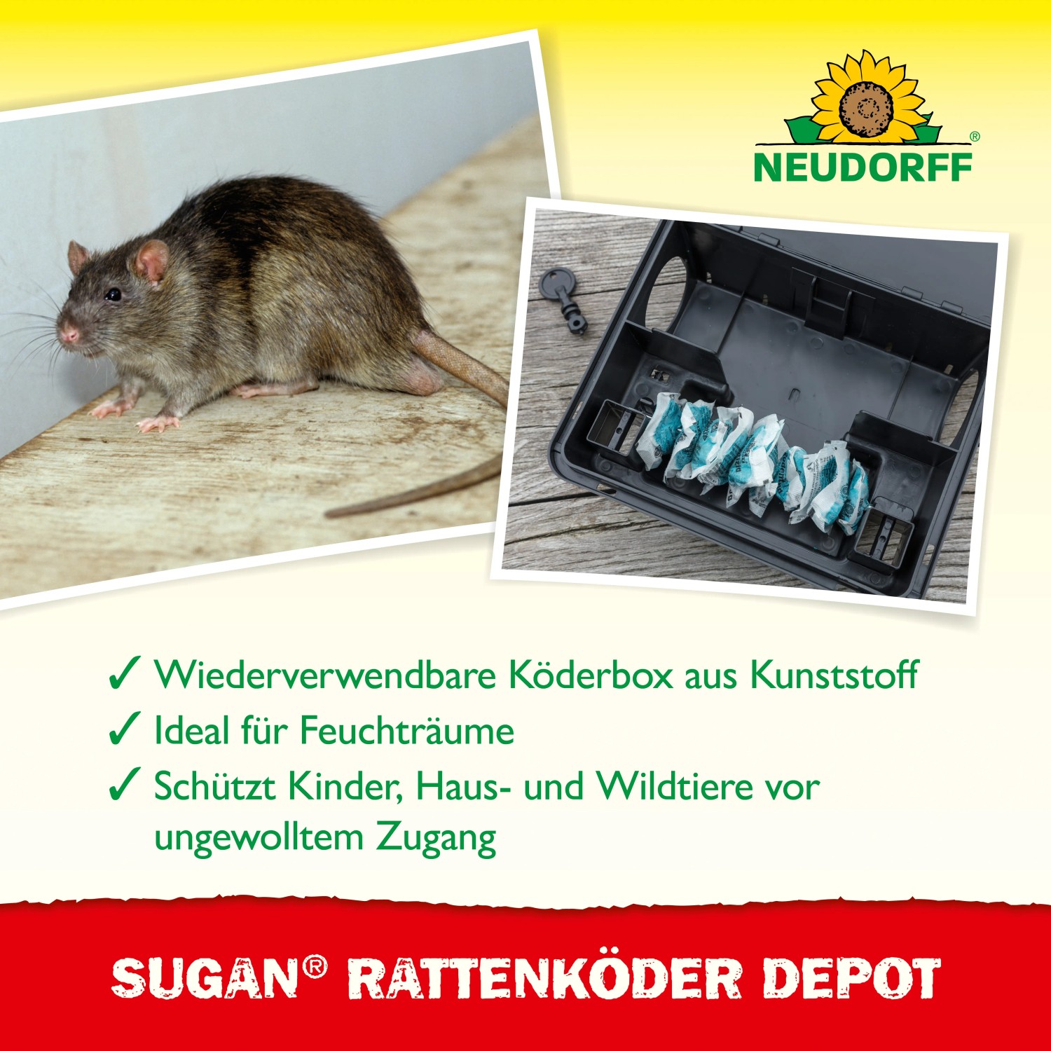 Neudorff Rattenköder Sugan Depot: Köderbox mit Ratte und Köder für die Rattenbekämpfung.