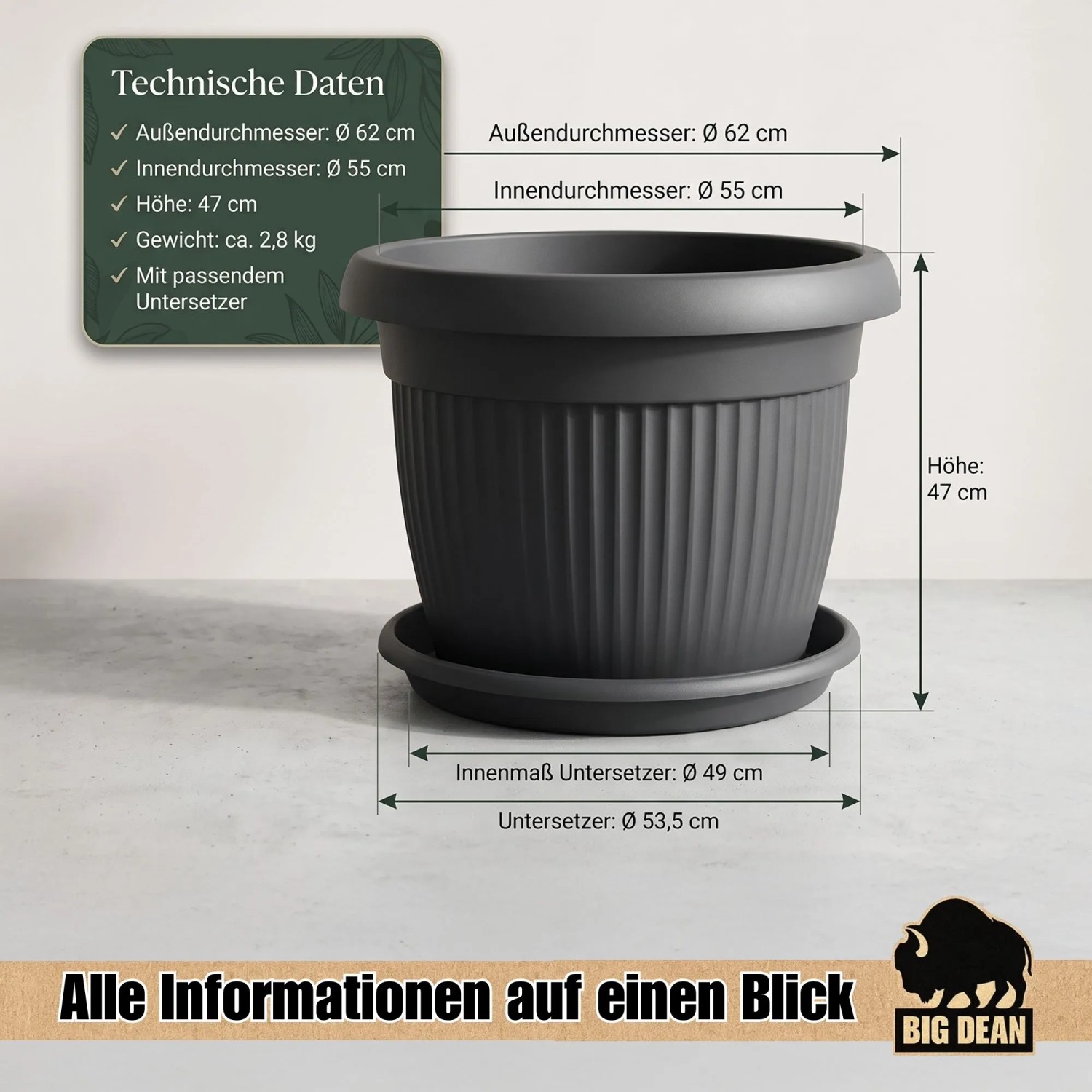 BigDean 62cm Blumentopf Mit Untersetzer Rund Anthrazit Wetterfester Pflanzkübel Wasserablauf UV Beständig Aus Bruchsicherem Kunststoff Innen Plus kaufen bei OBI