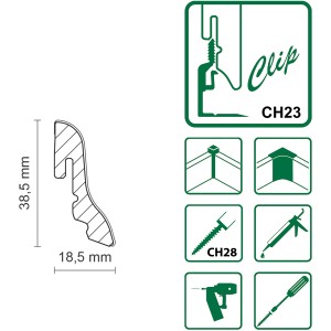 Profilzeichnung FN Neuhofer Sockelleiste FU018L Ahorn, Maße 18,5x38,5 mm, Clip-Montage.