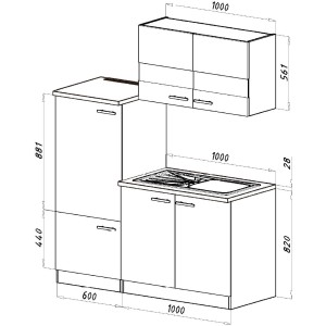 Skizze der Respekta Miniküche KB160ESW in Weiß-Eiche Sonoma mit Spüle, Kochfeld, Kühlschrank und Oberschrank.