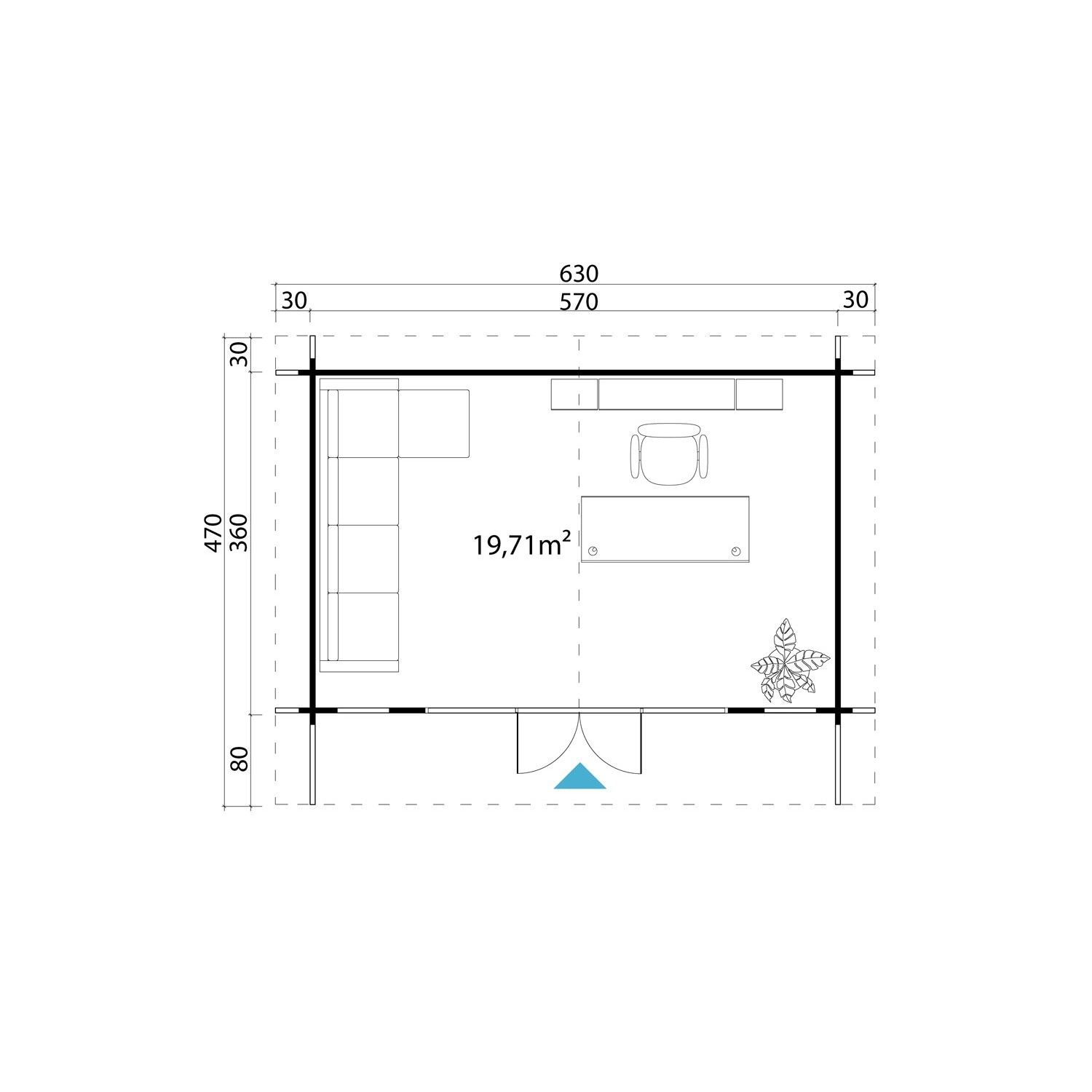 Grundriss Gartenhaus Lasita Maja Sussex 2 Natur, 570x360 cm, mit Maßen und Einrichtungsskizze.