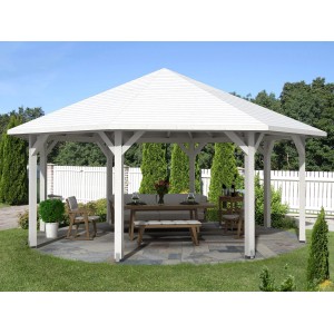 Weißer Skan Holz Pavillon Nice 4 aus Leimholz, 630x630 cm, mit Holzdach und umlaufendem Dachüberstand.