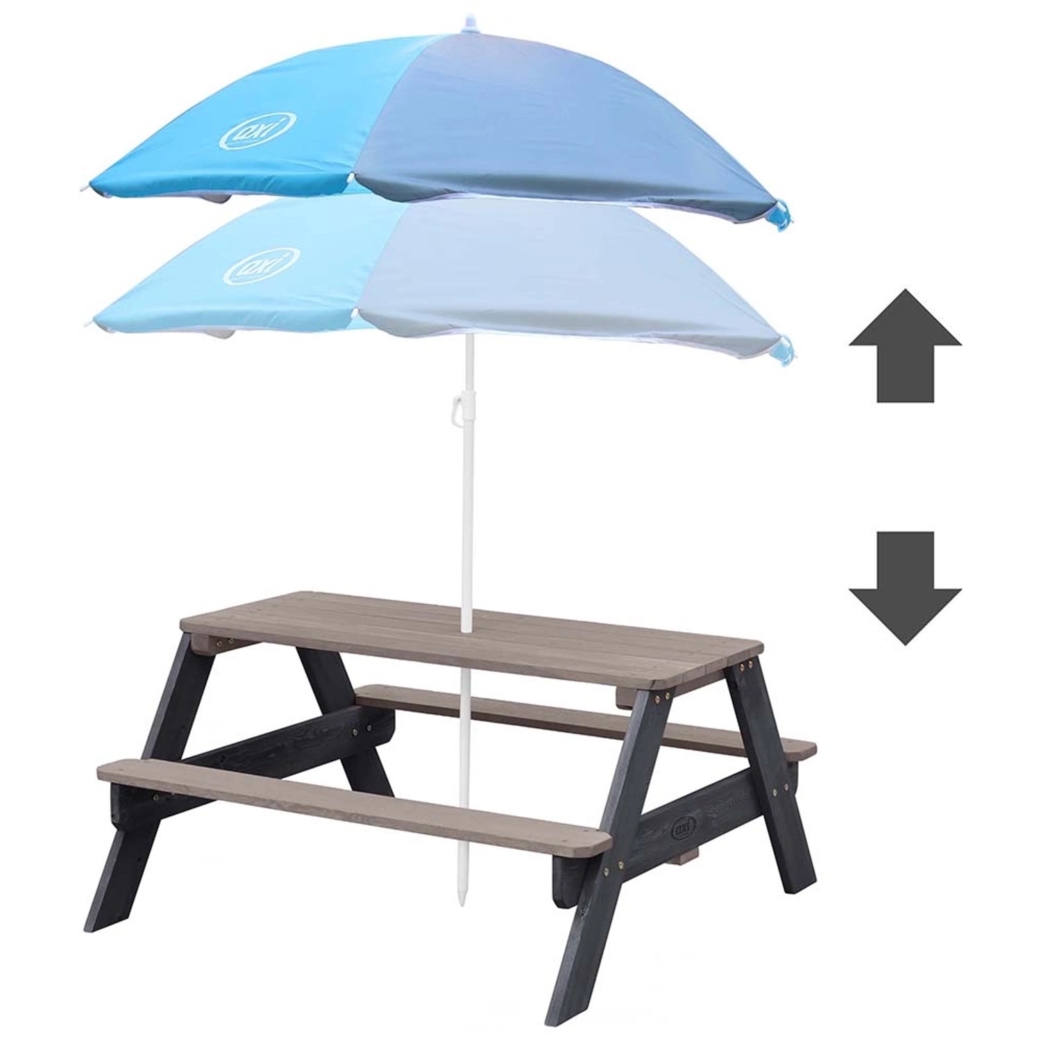 Axi Nick Picknicktisch mit blau-grauem Sonnenschirm, ideal für Kinder zum Spielen und Essen im Garten.