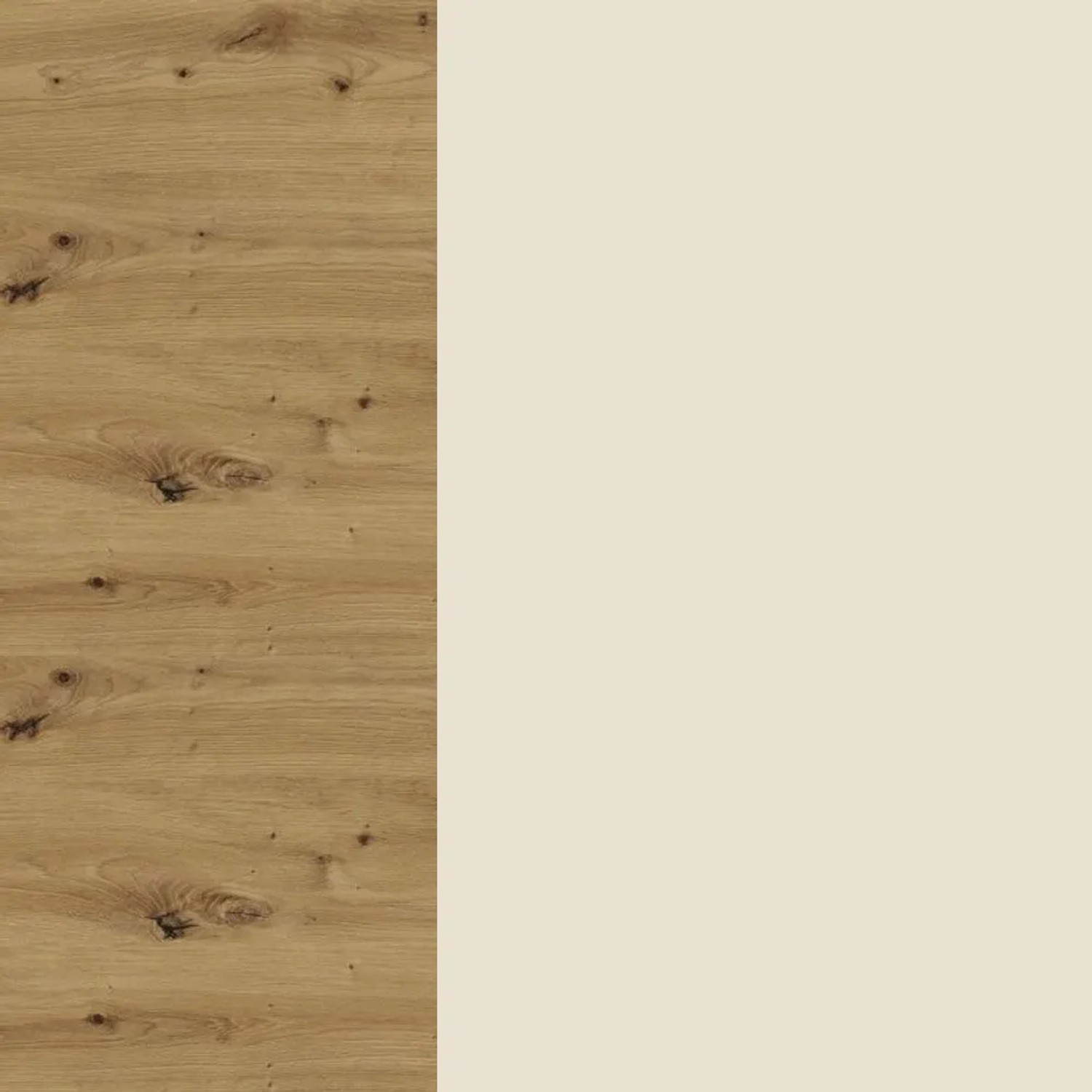 Eckaufsatzschrank Brerra: Holzmaserung Eiche Artisan und glänzende RAL 9001 creme Oberfläche. Küchenschrank.