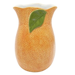 Orange-grüne Boltze Vase, 22x15x20 cm, aus Steinzeug mit Blatt-Dekor.