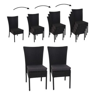 2er Set schwarze Poly-Rattan Gartenstühle mit dunkelgrauen Kissen, stapelbar.