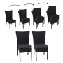 2er Set schwarze Poly-Rattan Gartenstühle mit dunkelgrauen Kissen, stapelbar.