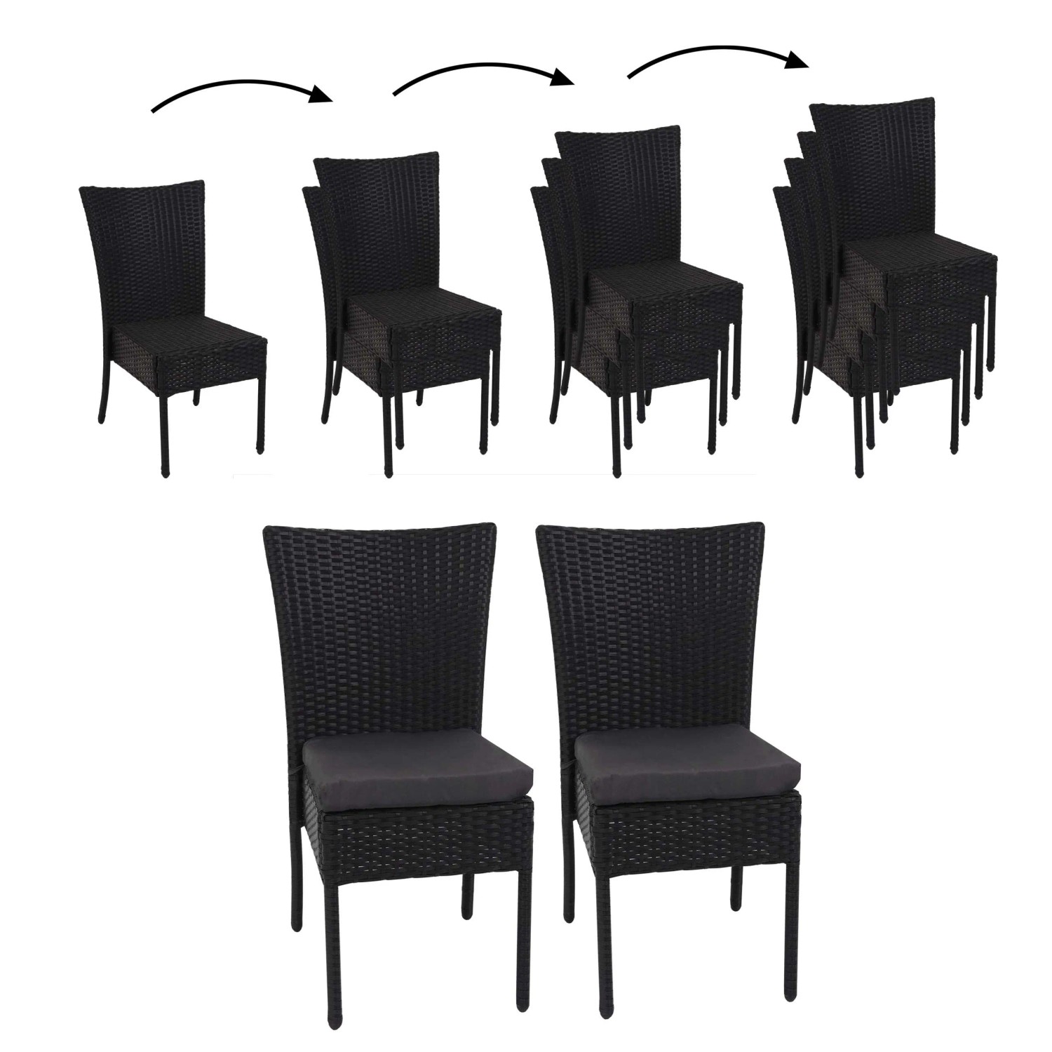 2er Set schwarze Poly-Rattan Gartenstühle mit dunkelgrauen Kissen, stapelbar.
