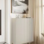 Selsey Highboard Veldio, greige, mit moderner Lamellenfront und eleganten goldenen Beinen. Stilvolle Kommode.