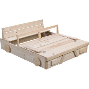 SwingKing Sandkasten Auto aus unbehandeltem Holz, 120x100 cm. Sandkiste in Autoform mit Sitzgelegenheit.