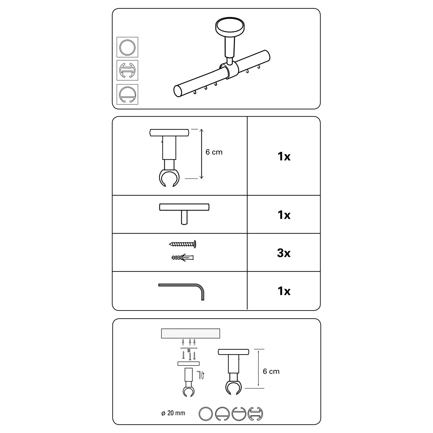 Gardinia Deckenträger Chicago, weiß, 6 cm, für 20 mm Stangen. Zubehör für Stilgarnituren.
