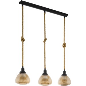 Schwarze Eglo Hängeleuchte Rampside mit drei Lampen und Seilaufhängung.