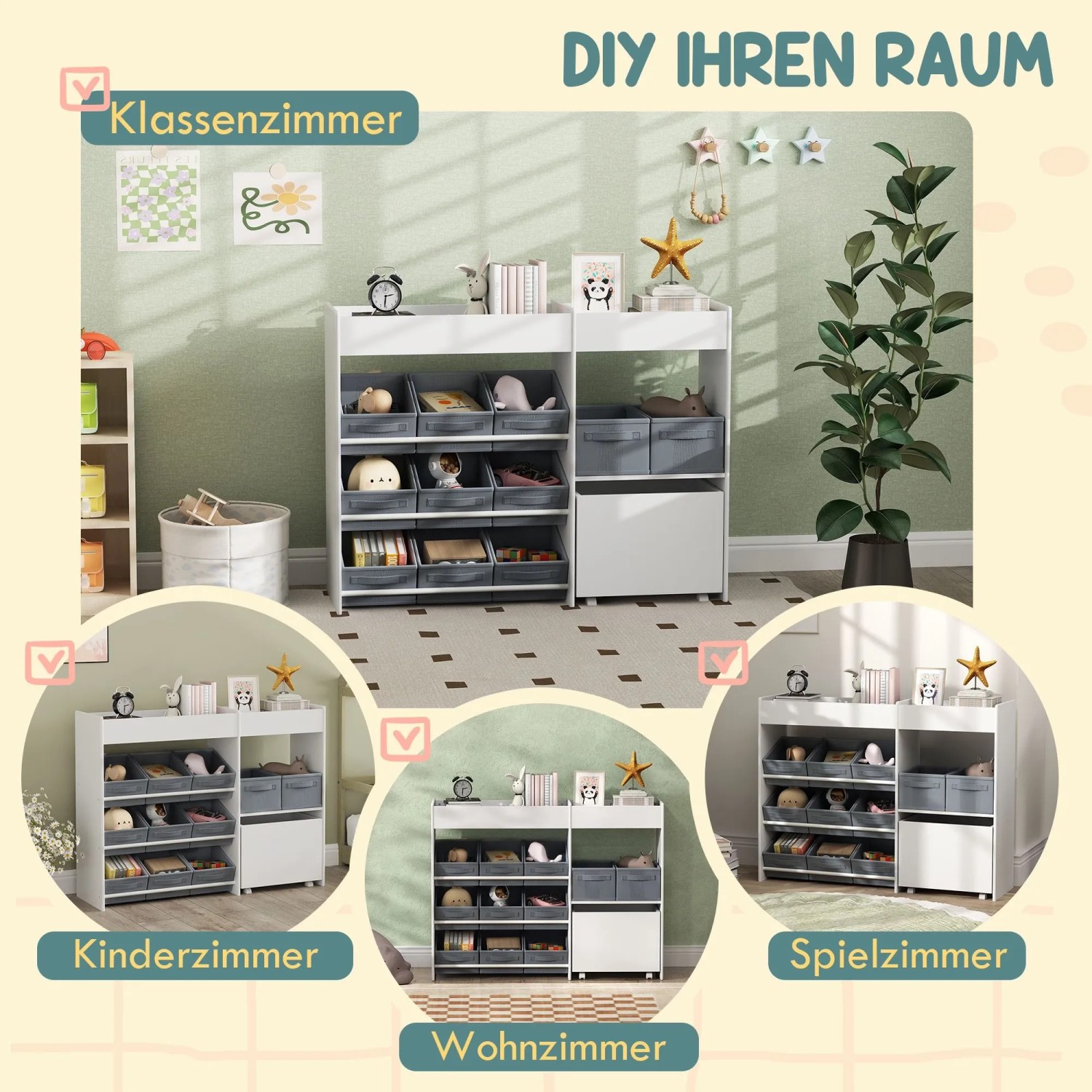 Weißes AIYAPLAY Kinderregal aus MDF mit 11 grauen Stoffboxen und Schrank. Ideal für Spielzeug und Bücher.