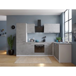 Respekta L-Küche Malia 280 cm in Betonoptik mit E-Geräten wie Kühl-/Gefrierkombination.