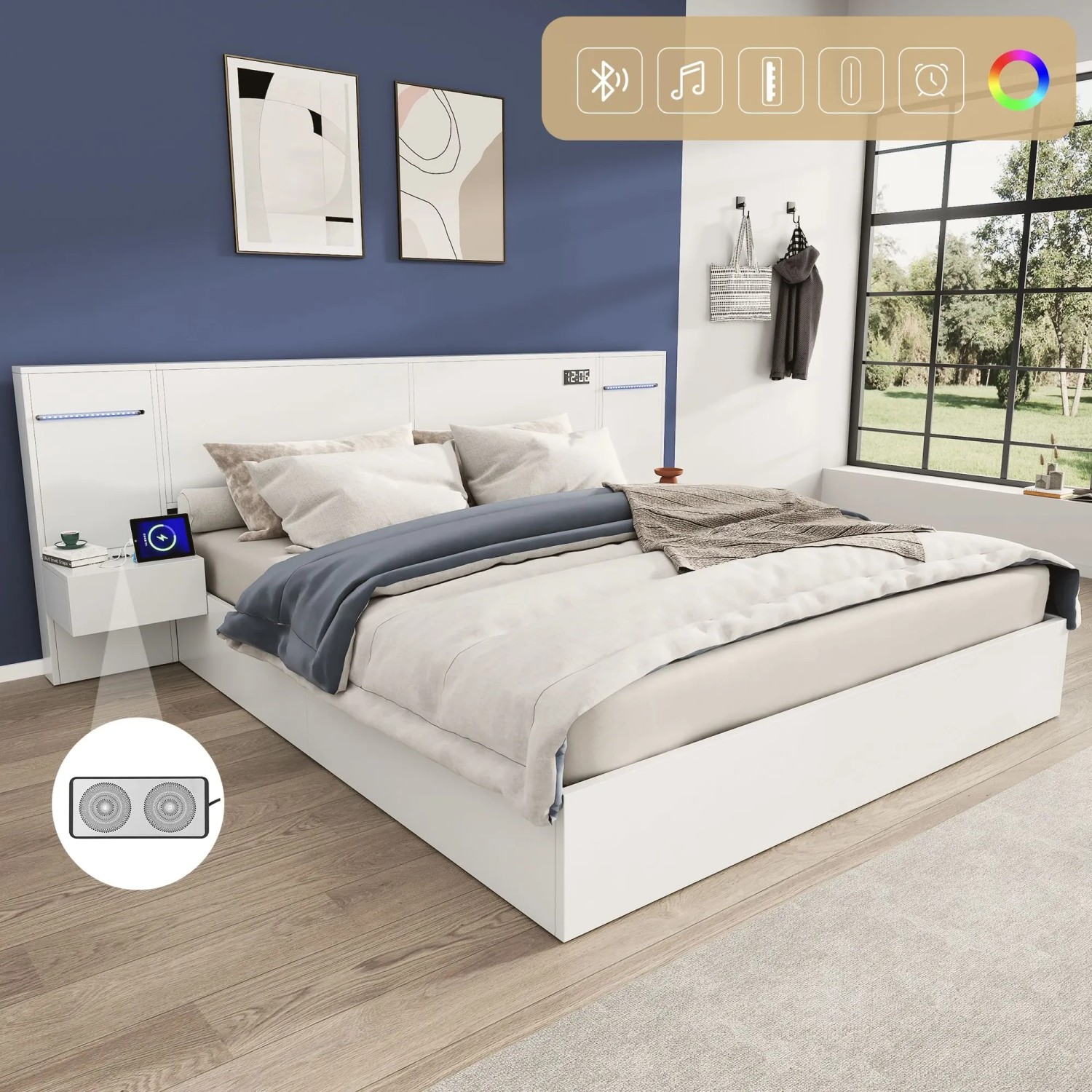 okwish Doppelbett 160x200cm mit USB Anschluss Lautsprecher Schlafzimmer Weiß ohne Matratze_8