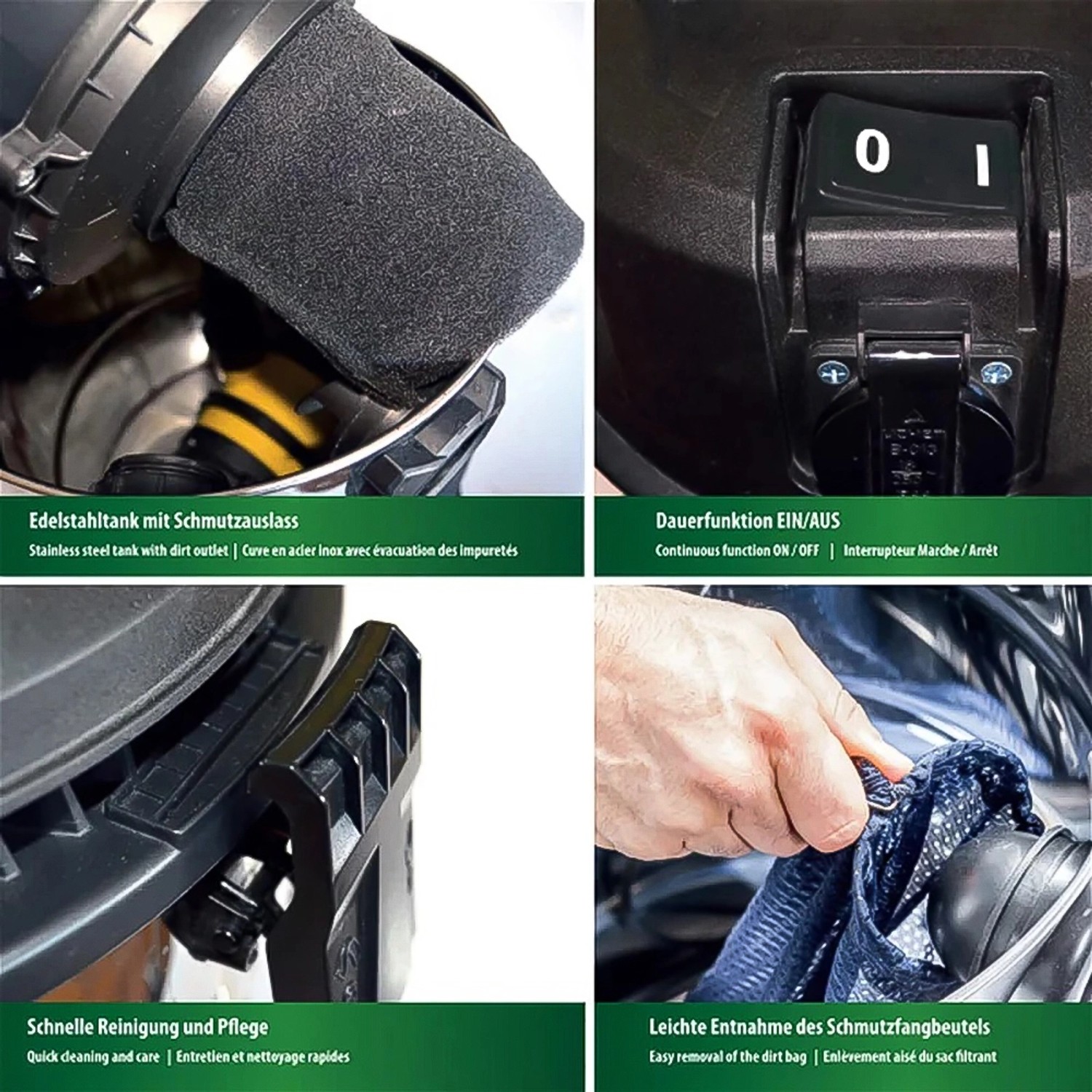 Details des Heissner Multi-Teichschlammsaugers: Filter, Schalter, Reinigung, Schmutzfangbeutel.