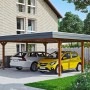 Doppelcarport Wendland Nussbaum mit zwei geparkten Autos. Holzkonstruktion mit flachem Dach und schwarzer Blende.
