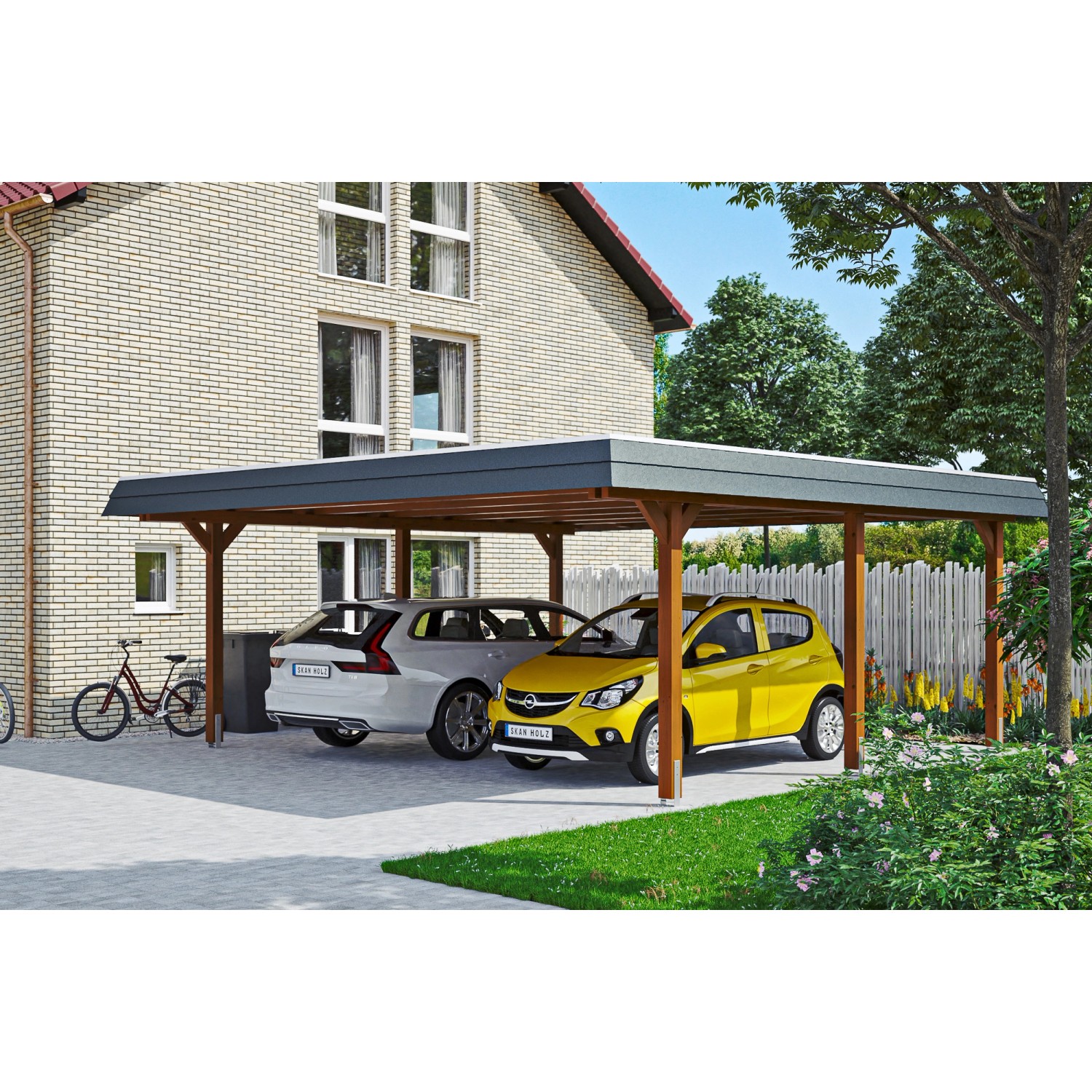 Doppelcarport Wendland Nussbaum mit zwei geparkten Autos. Holzkonstruktion mit flachem Dach und schwarzer Blende.