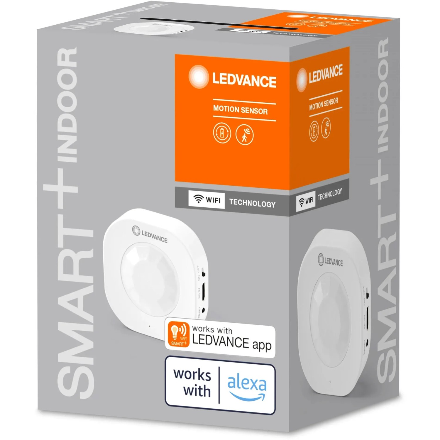Ledvance Smart+ Bewegungsmelder, weiße Verpackung mit Sensor und Logos für App und Alexa.