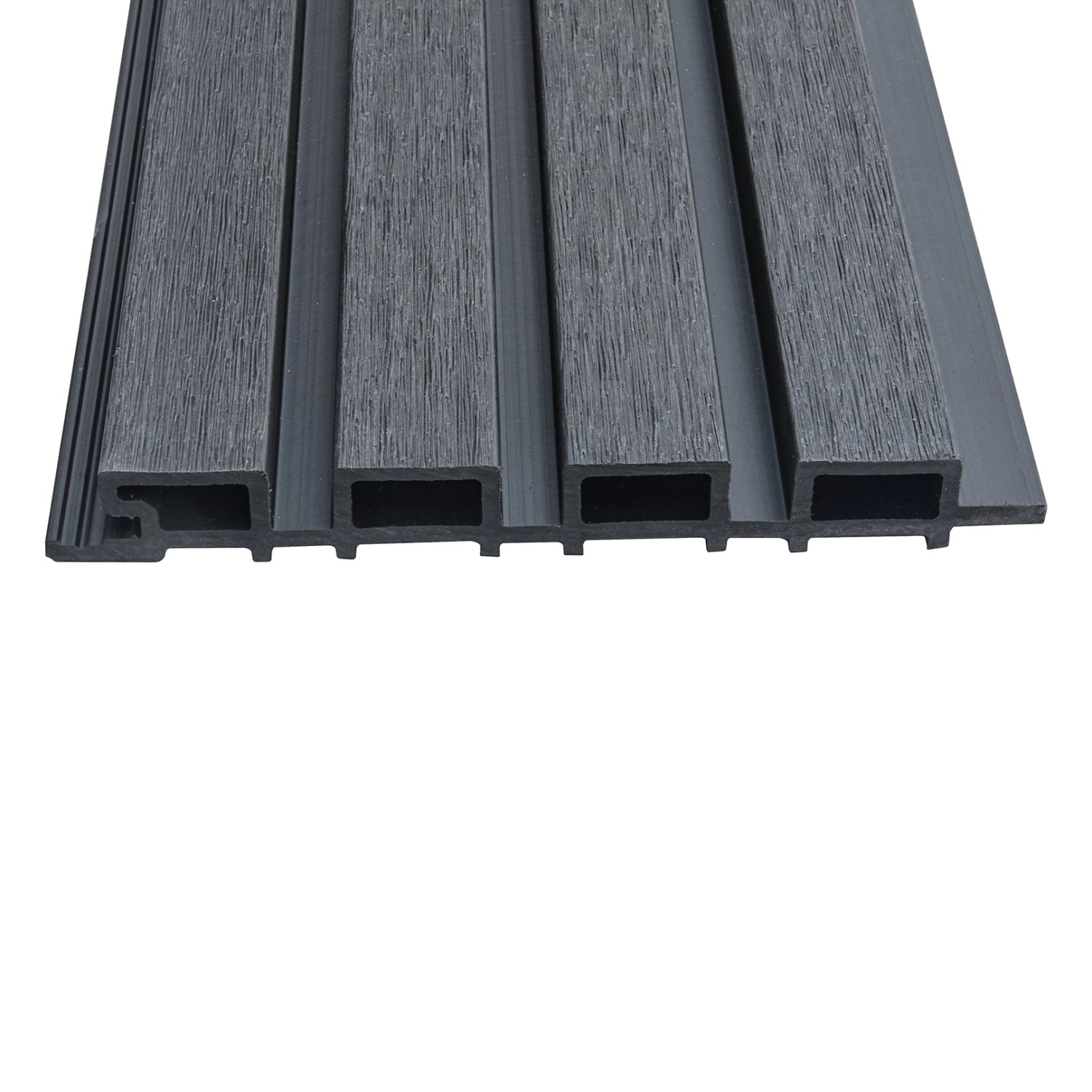 WPC Fassadenverkleidung DUVAR in Anthrazit, Detailansicht der Holzoptik und Struktur.