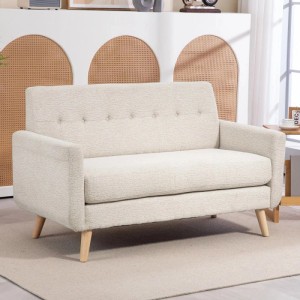 Beiges HOMCOM 2-Sitzer Sofa mit dicken Sitz- und Rückenkissen, Holzfüßen und getufteter Rückenlehne.