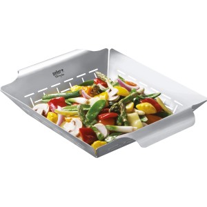 Weber Style Gemüsekorb groß aus Edelstahl, gefüllt mit Gemüse, für Grillutensilien.