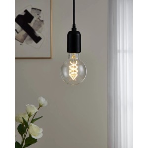 E27 LED Leuchtmittel in Globeform mit sichtbarem Glühfaden und schwarzer Fassung.