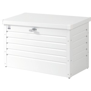 Weiße Biohort Freizeitbox 100: Universalbox aus Metall mit Zylinderschloss für Gartenutensilien.