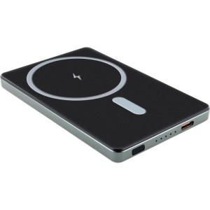 Schwarze Schwaiger Powerbank LPBC0500 mit 5.000 mAh und Wireless Charging Funktion.