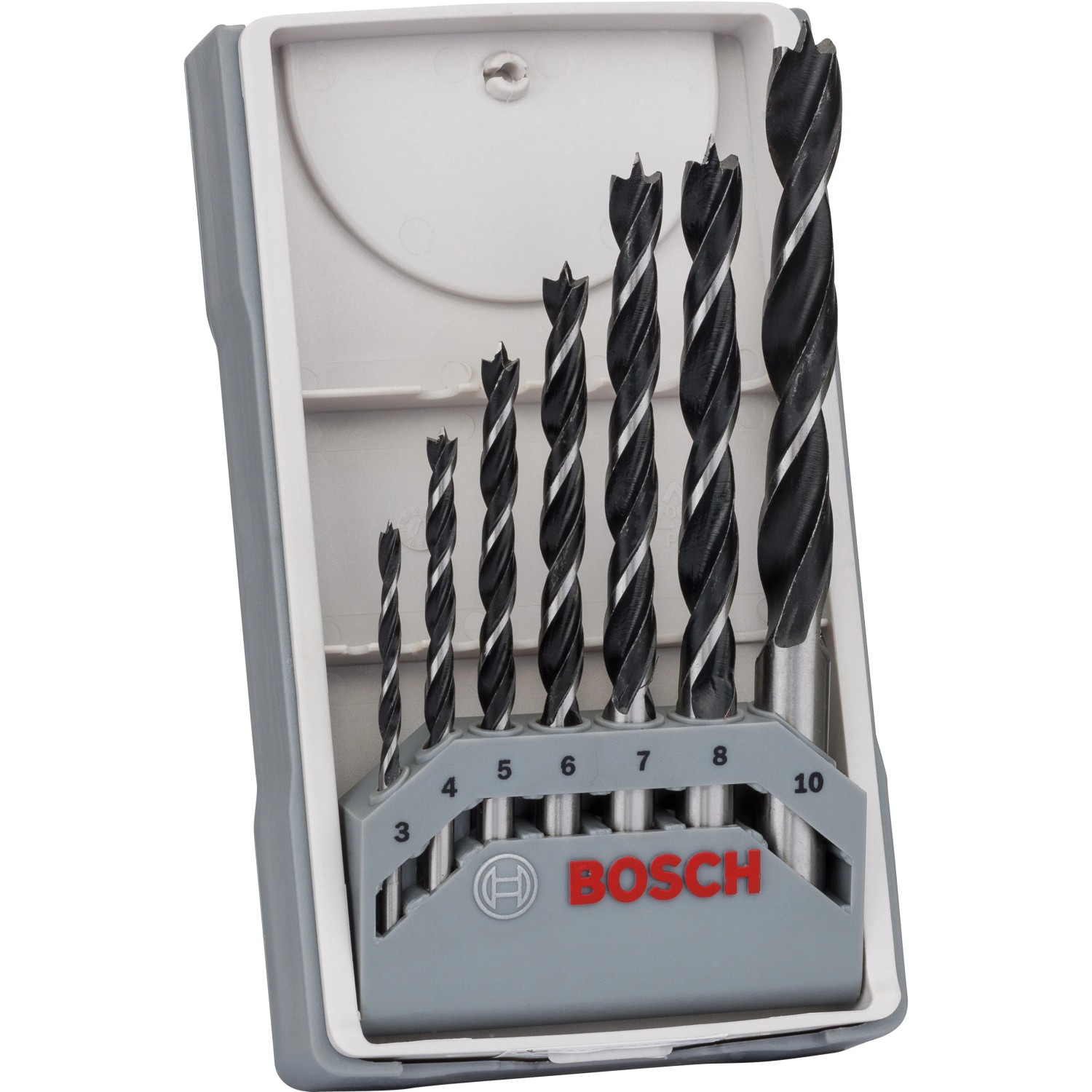 Bosch Holzbohrer-Set Pro, 7-teilig im grauen Kasten mit Größenangabe.