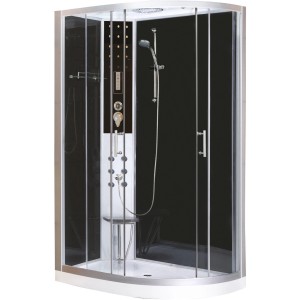 Sanotechnik Komplettduschkabine Vario links mit Kopf- und Handbrause, Massagedüsen und Sitz.