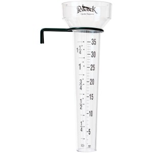 Peacock Regenmesser aus Kunststoff mit Halterung zur Niederschlagsmessung im Garten.