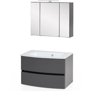 Held Möbel Waschtisch-Set Salerno, 80 cm, grau mit Glasbecken und Spiegelschrank