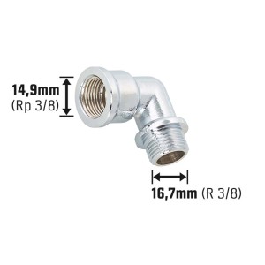 Verchromter Messing Gewinde-Winkel (Rp 3/8 x R 3/8) für Trinkwasser- und Heizungsrohrverlegung.