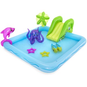 Bestway Wasserspielcenter Aquarium mit Rutsche, Delfin, Oktopus und weiteren Meerestieren.