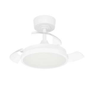 Weißer Eglo LED-Deckenventilator Malpica mit transparenten Flügeln und integrierter Leuchte.