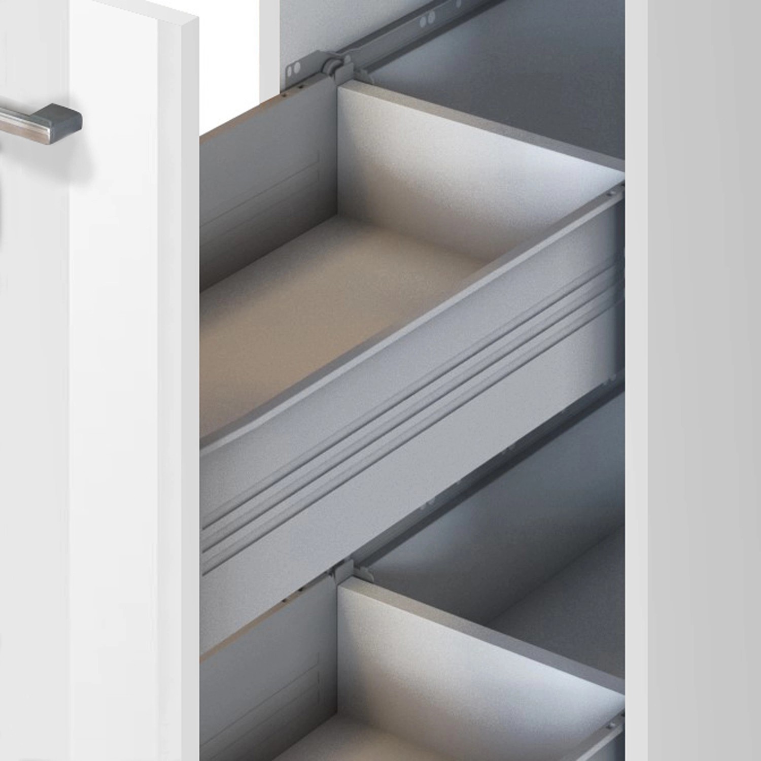 Apothekerschrank mit offenen Schubladen der Küchenzeile Mailand, Front Weiß Hochglanz.