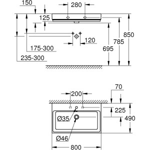 Technische Zeichnung Grohe Cube Waschtisch, 80cm, Alpinweiß, Maße und Details für Installation.