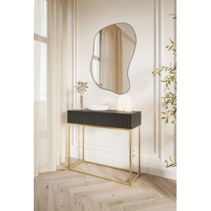 Selsey Veldio Konsolentisch schwarz, 90 cm, mit geriffelter Front, goldene Beine und Schublade. Modernes Möbelstück.