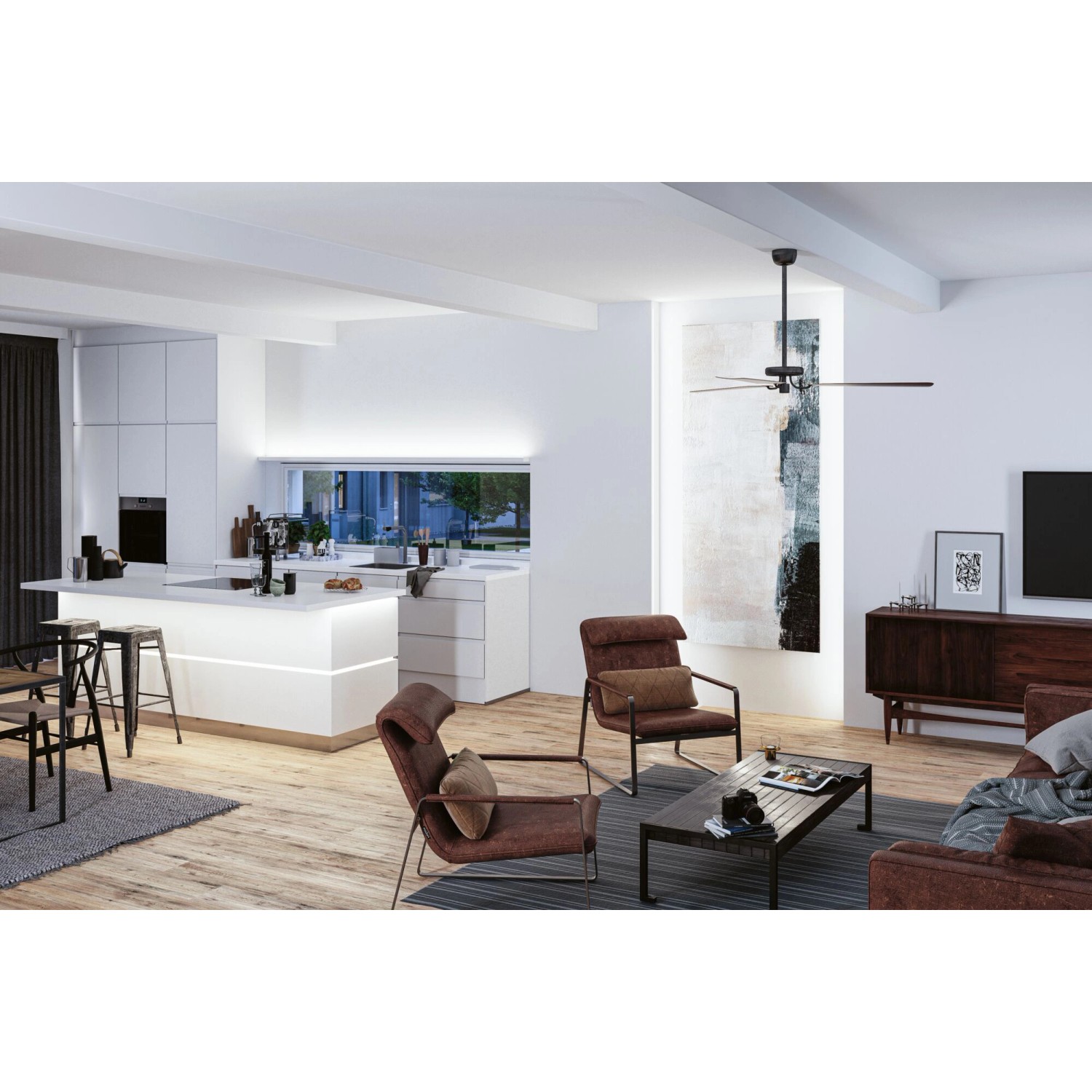 Moderne Küche und Wohnzimmer mit Paulmann LED-Strip MaxLED 1000 COB unter der Kücheninsel.