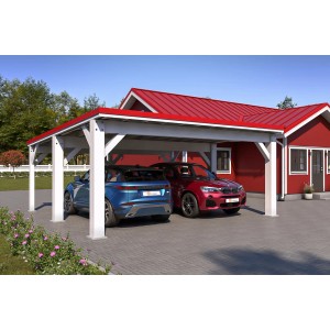 Holzbrüder Carport Ralf 36 in Reinweiß-Rot mit zwei geparkten Autos. Robuster Unterstand mit nordischem Design.