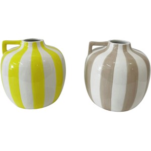 Gestreifte Boltze Vase Malta, 14 cm, in Gelb und Grau, moderne Deko-Vase mit Henkel.