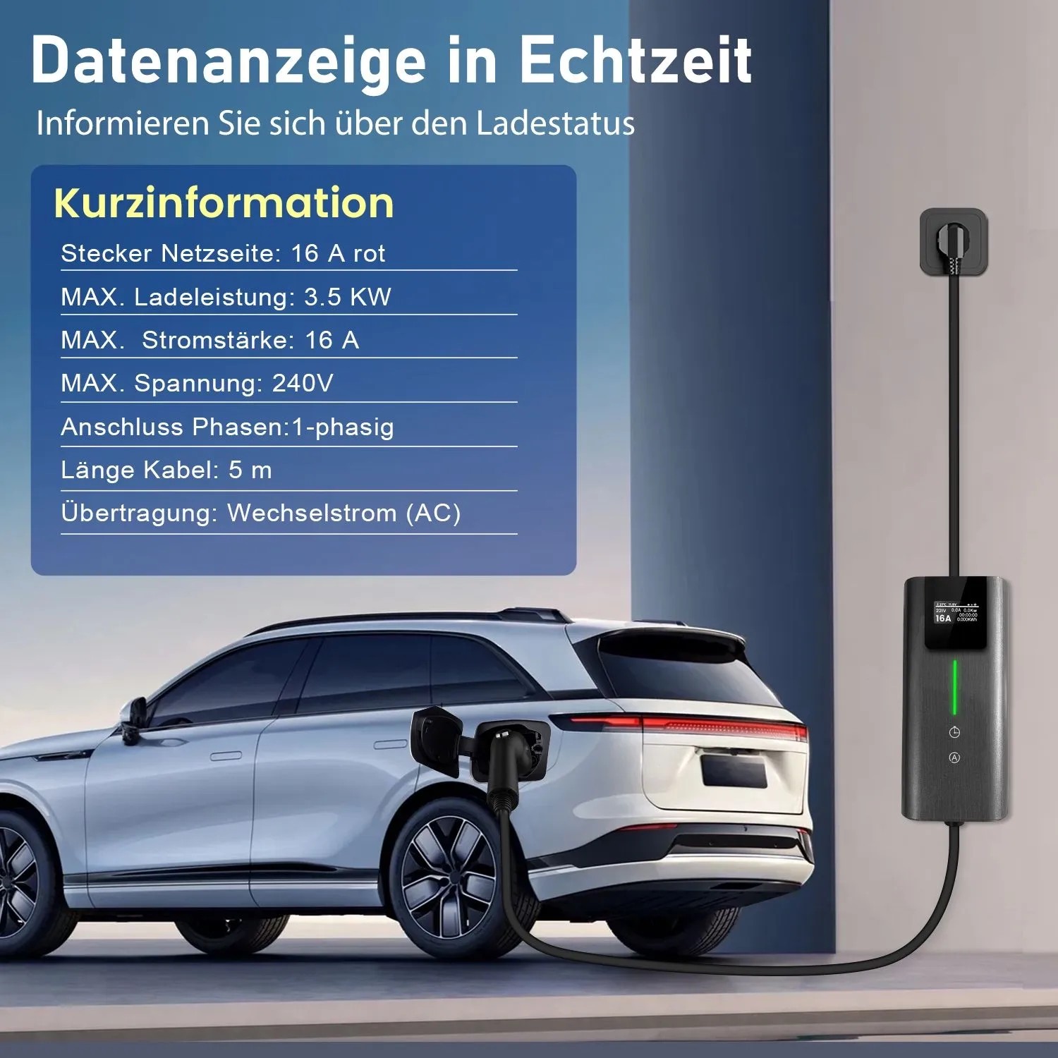 Junsun Typ 2 EV Ladegerät, 3.5KW, 5m Kabel lädt Elektroauto. Wandgerät mit Display zeigt Ladedaten.