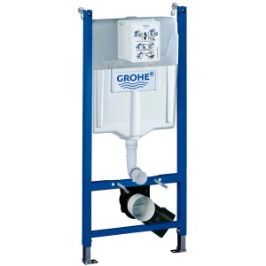 Grohe QuickFix Vorwandelement Solido für WC, 1,13m Bauhöhe, mit blauem Stahlrahmen und weißem Spülkasten.