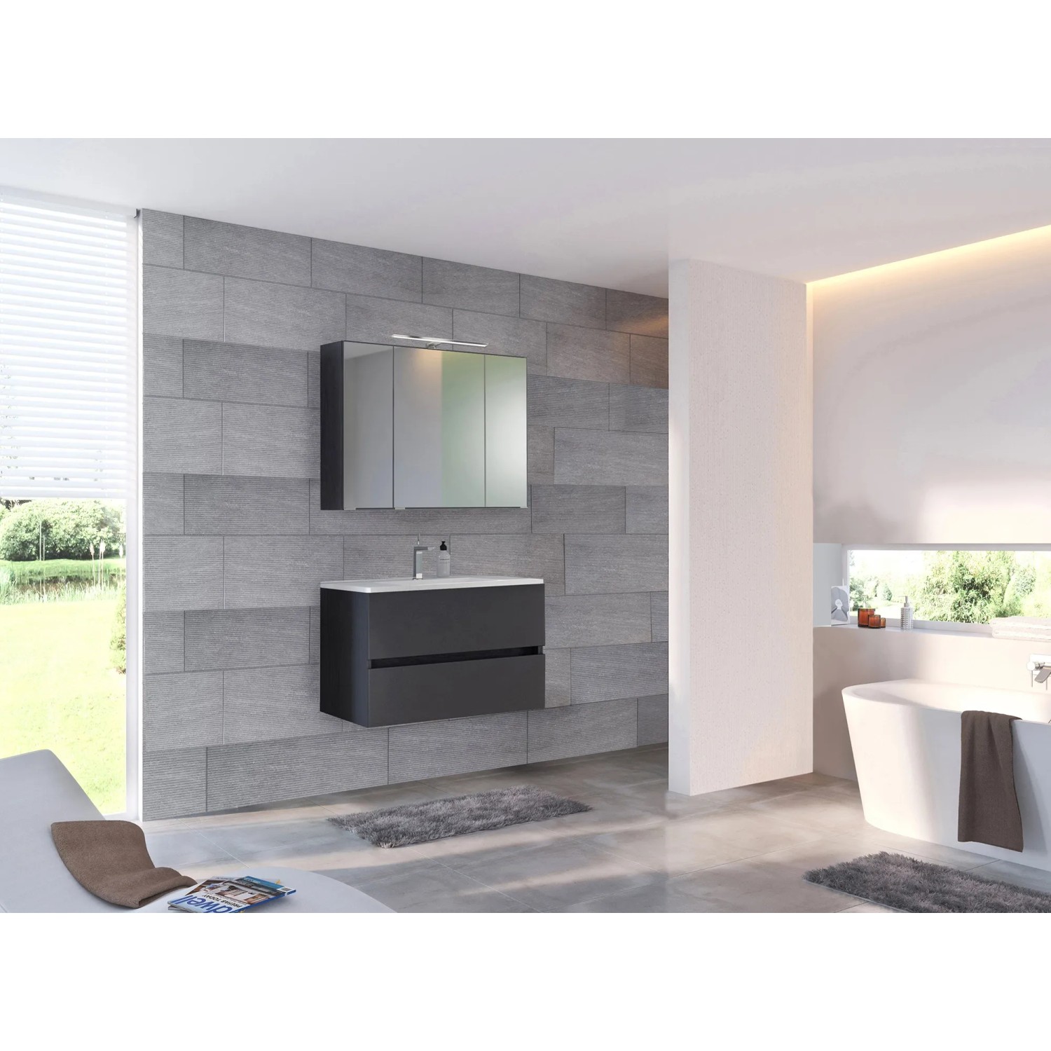 Held Möbel Waschtisch-Set Verona, 100 cm, matt Grau-Graphitgrau mit Spiegelschrank und Mineralgussbecken.