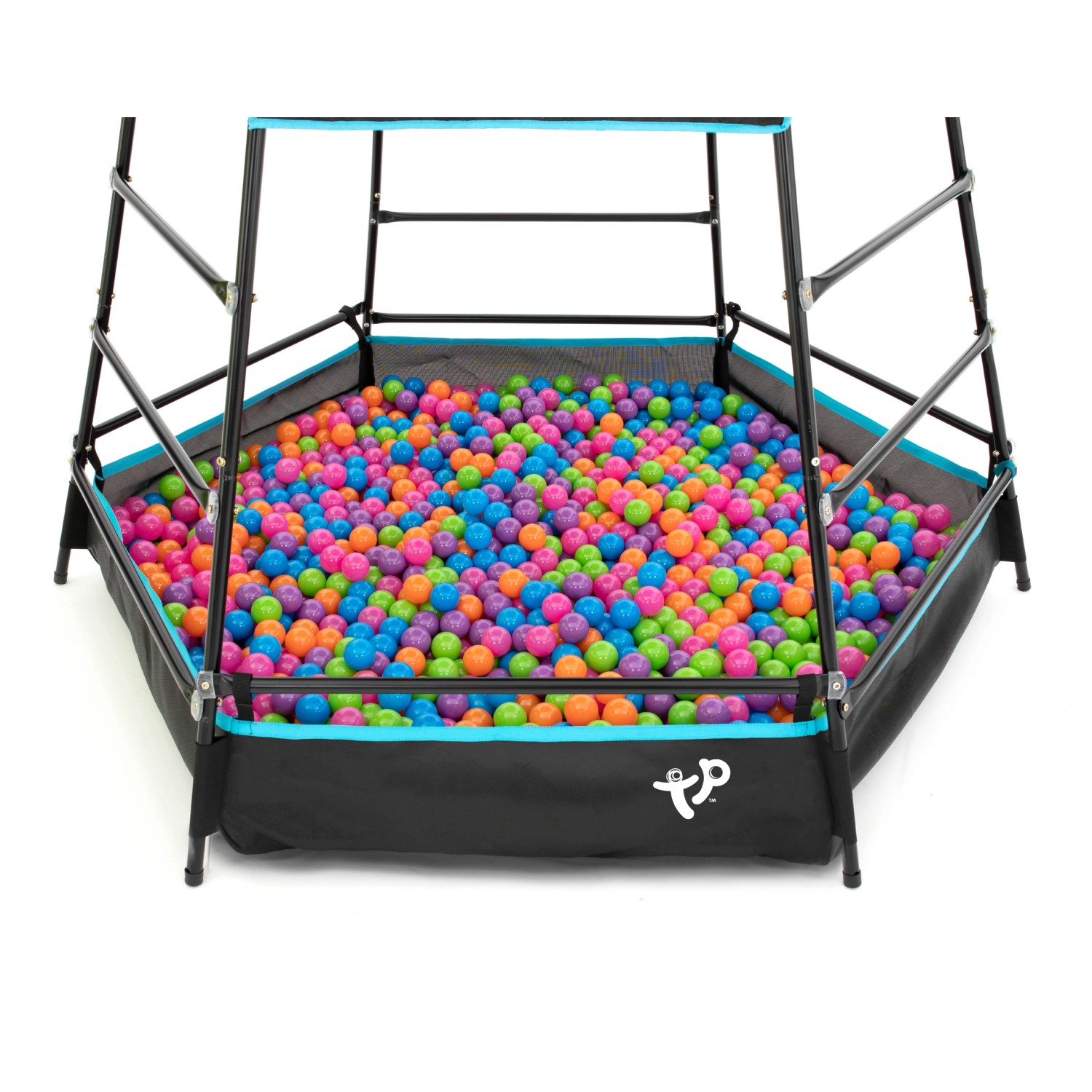 TP Toys Klettergerüst Explorer, Spielturm mit Bällebad, schwarz, mit bunten Bällen.