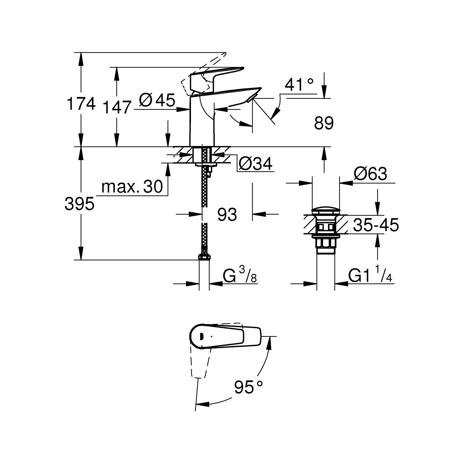 Technische Zeichnung: Grohe QuickFix Start Edge Waschtischarmatur mit Maßen und Details.
