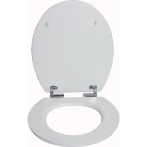 Weißer baliv WC-Sitz Kunene aus Holz mit Absenkautomatik und Chrom-Scharnieren.